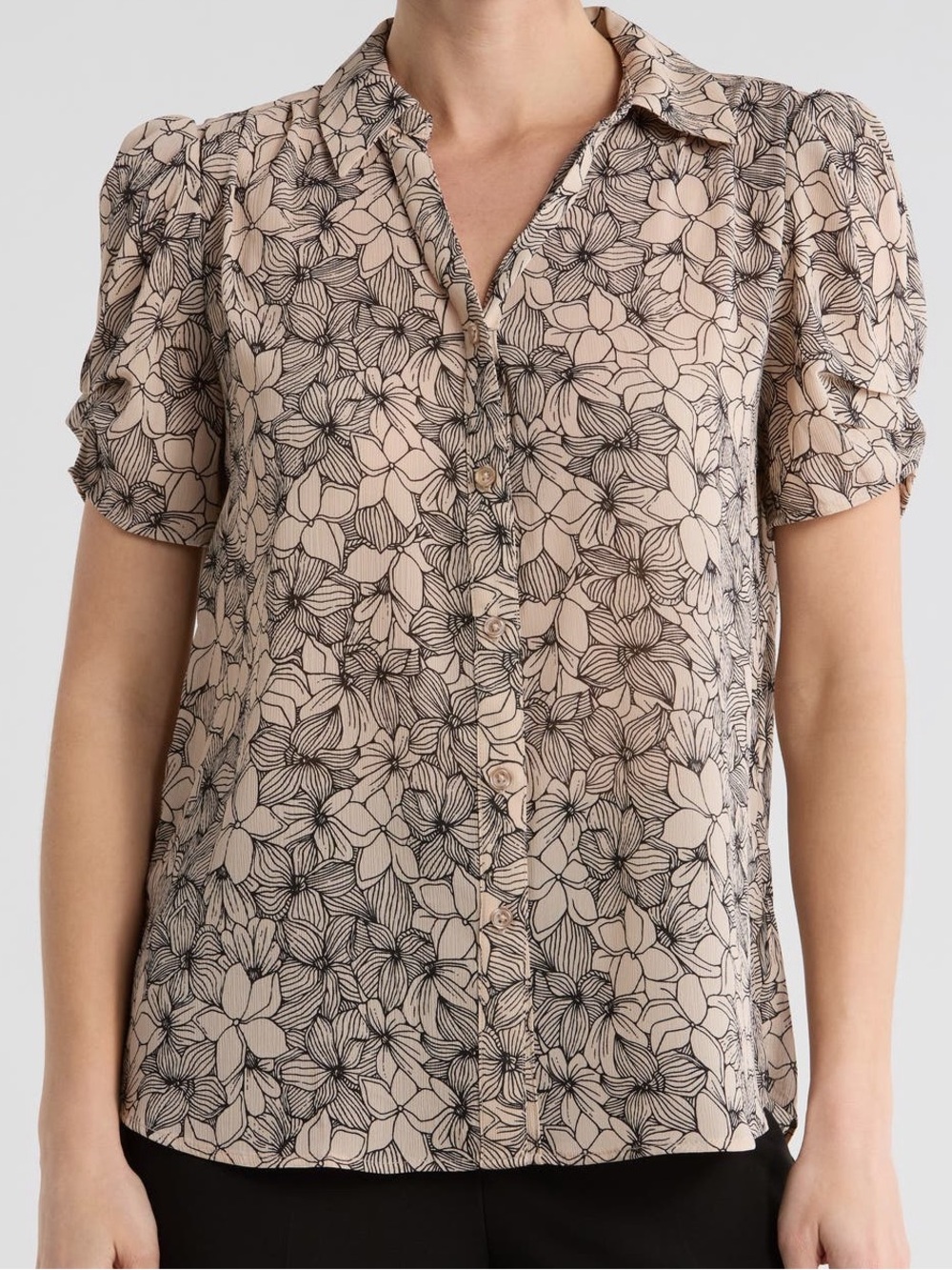 Adrianna Papell Blush Pink Floral Pinch sleeve button up shirt